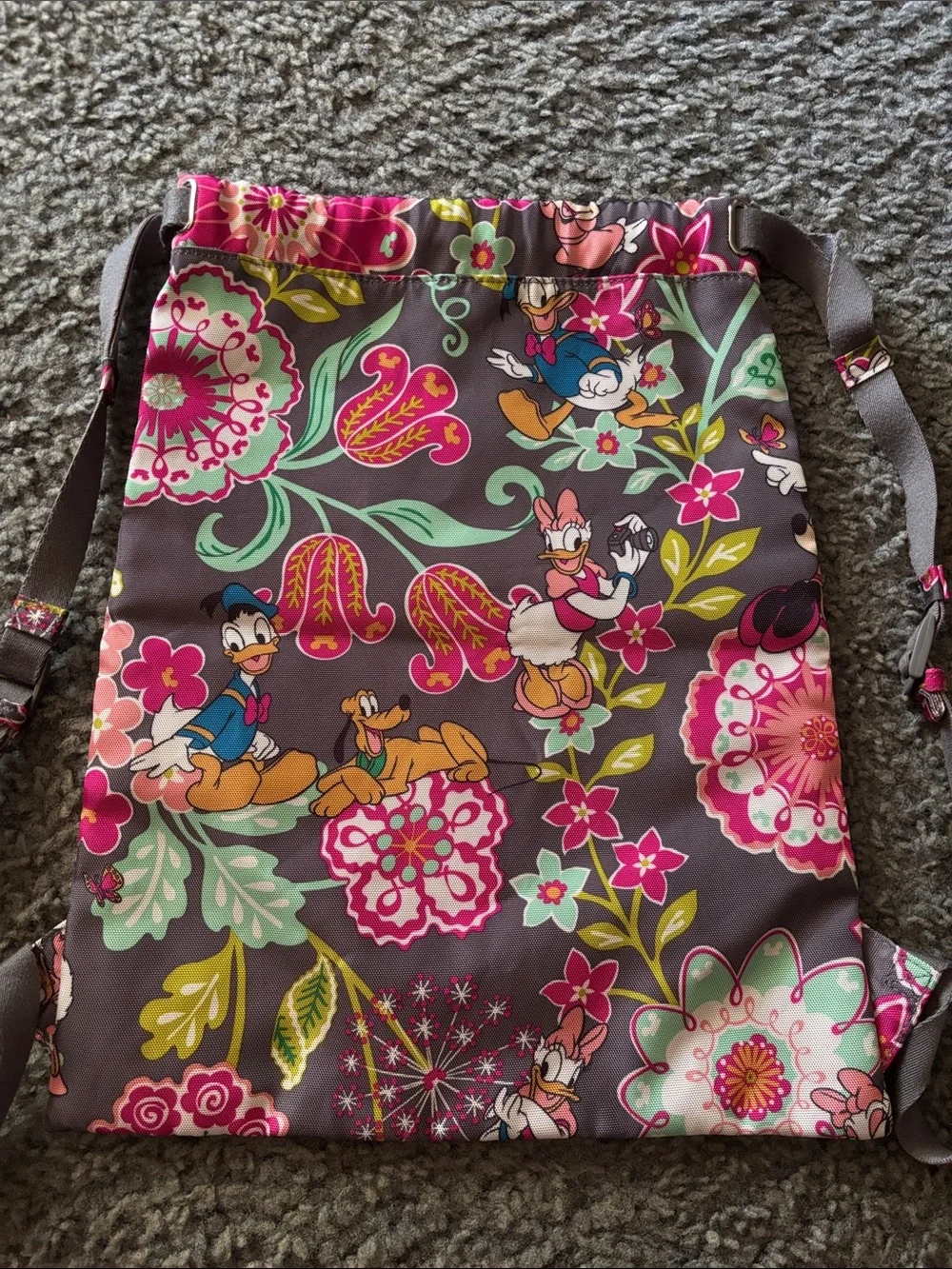 Retired Vera Bradley Mickey & Friends Floral Gray Drawstring Backpack